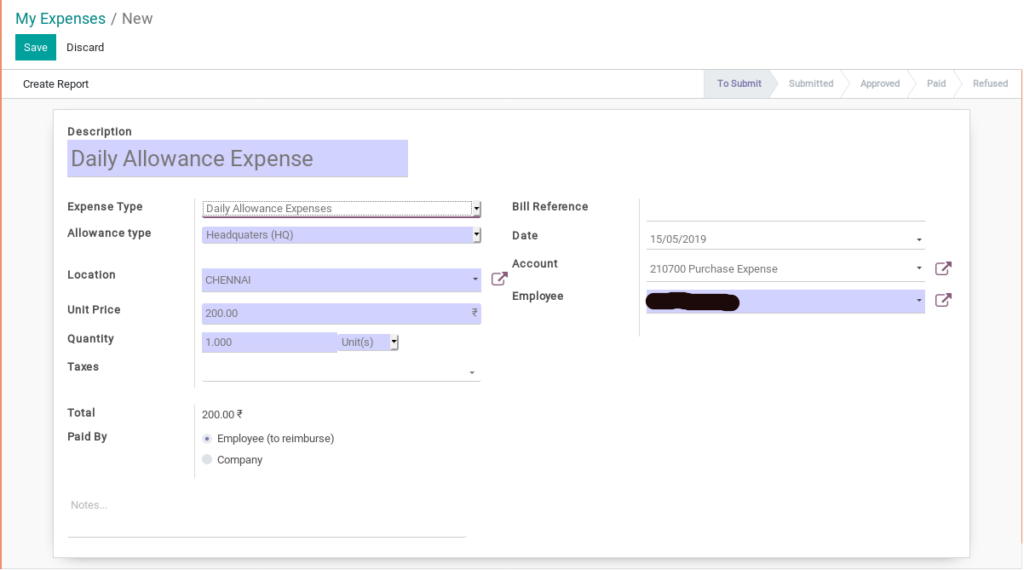 Manage Employee Expenses using Expense Management in Odoo expenses creation