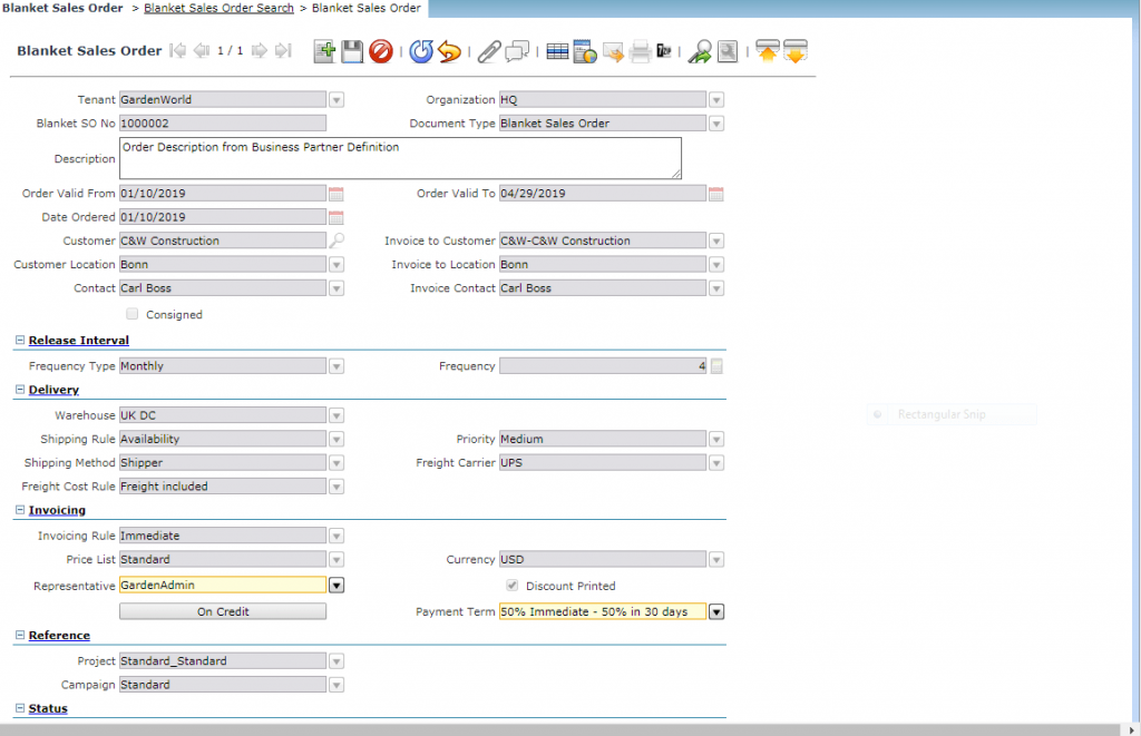 Compiere Blanket Sale Order