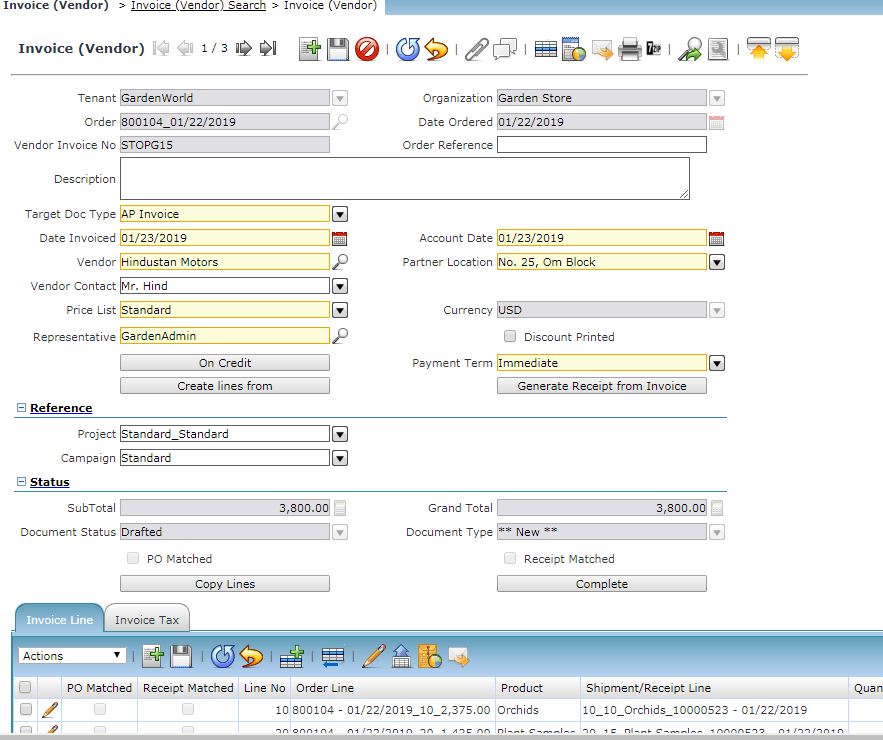 TenthPlanet_Compiere_Garden_World_Manufacturing_Validate Created Invoice
