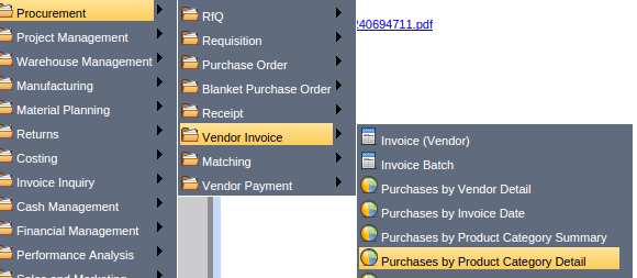 TenthPlanet_Compiere_garden_world_Procurement_Reports_Vendor_Invoice_Purchases_By_Product_Category_Detail