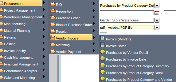 TenthPlanet_Compiere_garden_world_Procurement_Reports_Vendor_Invoice_Purchases_By_Product_Category_and_Vendor