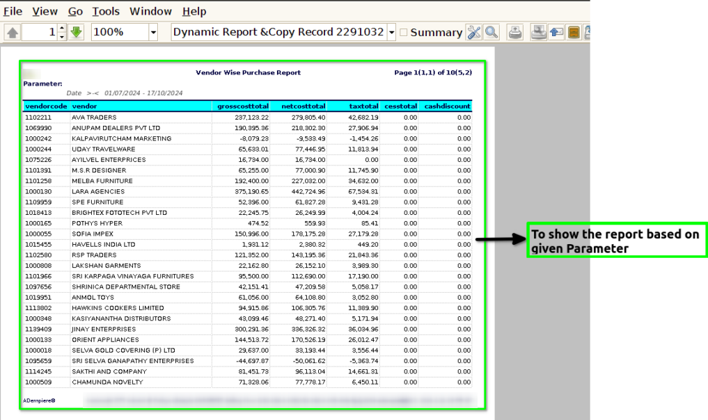 How to view Vendor Wise Purchase Report in Adempiere Retail TenthPlanet ADempiere Report-Vendor Wise Purchase Report-2