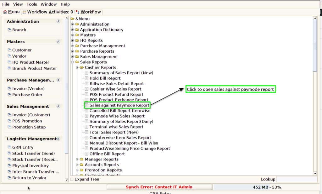 How to view Sales Against Paymode Report in Adempiere Retail Tenthplanet ADempiere Report- Sales Against Paymode Report