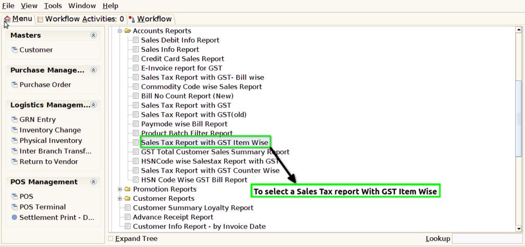 How to view Sales Tax Report with GST Item Wise in Adempiere Retail Tenthplanet ADempiere Report- Sales tax report with GST item wise