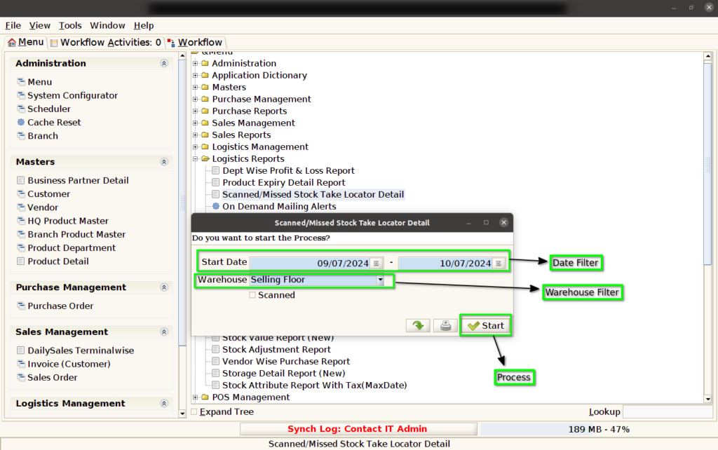 How to view Scanned/Missed Stock Take Locator Detail in Adempiere Retail Tenthplanet ADempiere Report-Scanned&Missed Stock Take Locator Detail-1