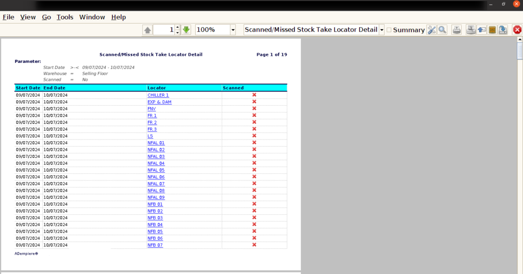 How to view Scanned/Missed Stock Take Locator Detail in Adempiere Retail Tenthplanet ADempiere Report-Scanned&Missed Stock Take Locator Detail-2