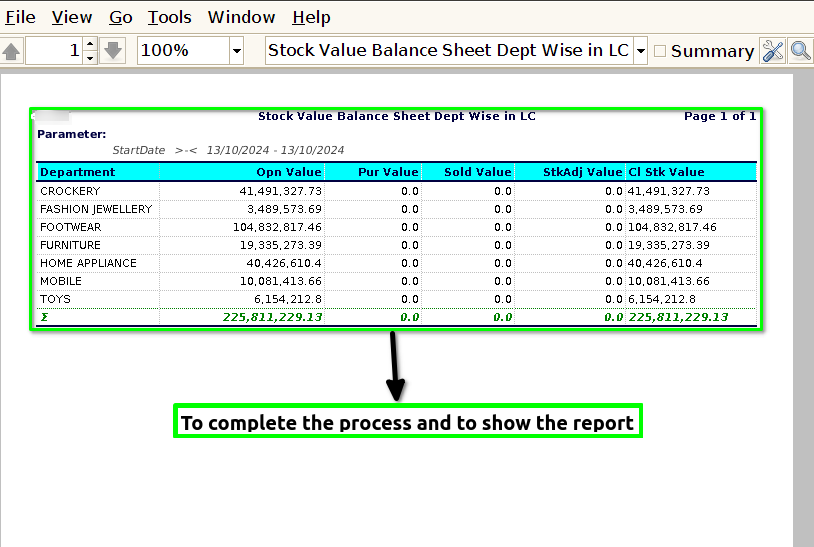 How to view Stock Value Balance Sheet Dept Wise for Lifestyle in Adempiere Retail Tenthplanet ADempiere Report-Stock Value balance sheet dept wise in LC-2