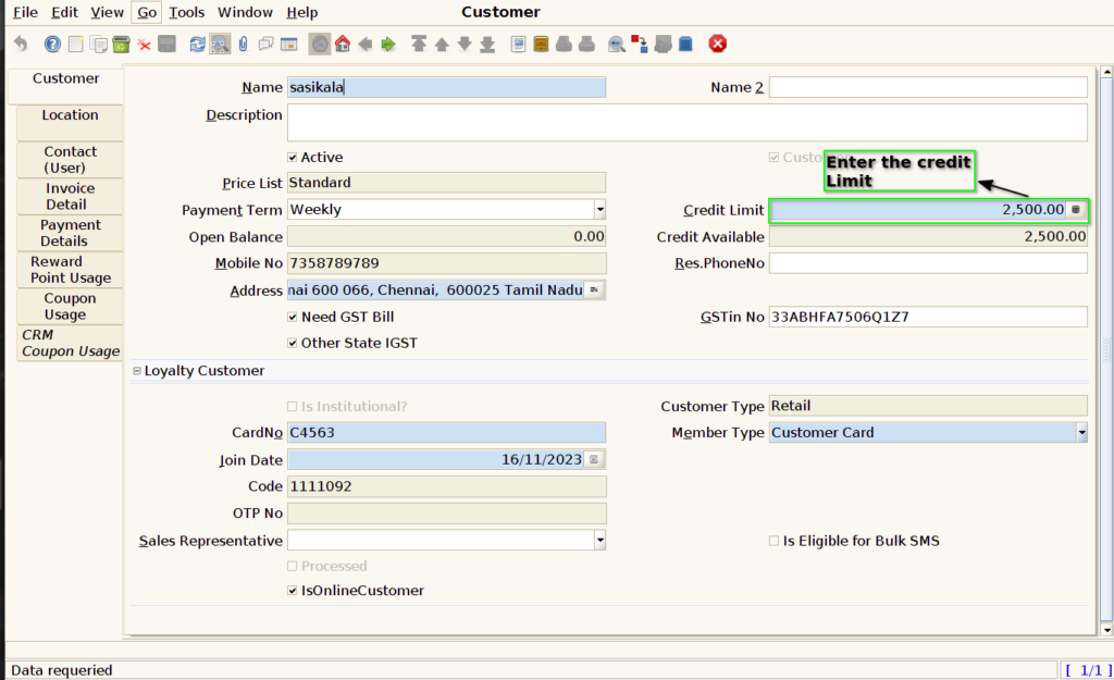 How to set Credit Limit to a Customer in Adempiere Retail Screenshot from 2023 11 20 15 55 25