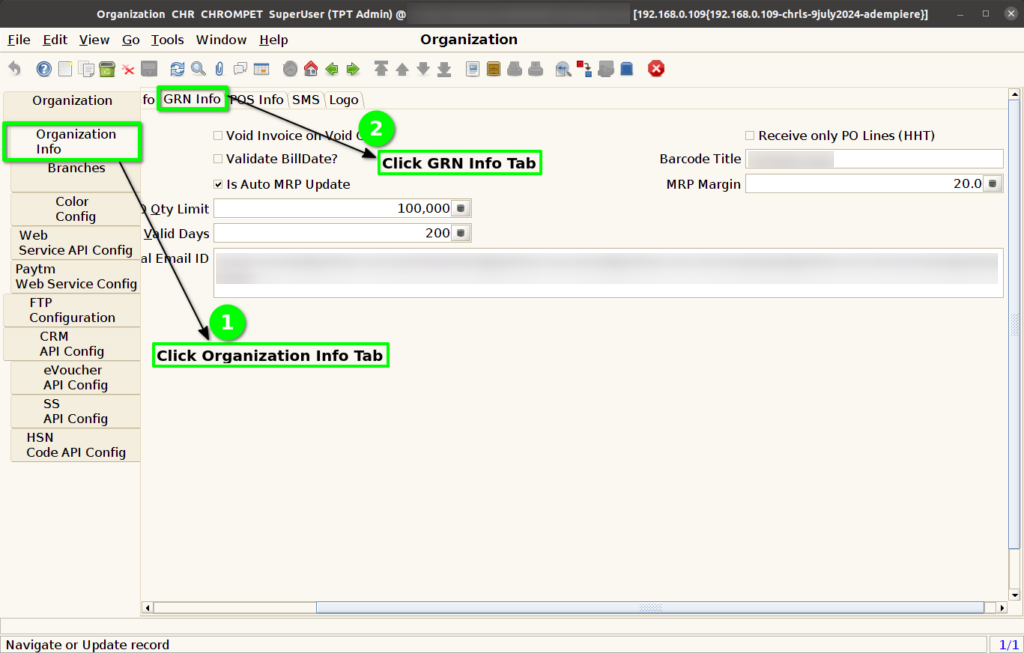 How to do GRN Info Setup in Branch screen of ADempiere Retail TenthPlanet ADempiere Master GRNInfoSetup 1
