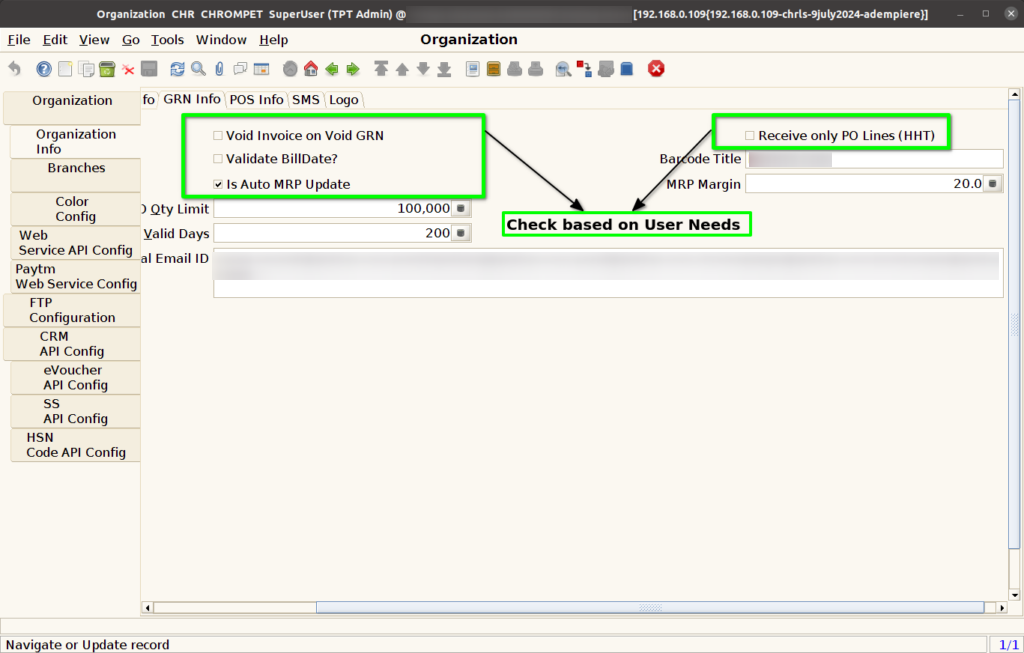 How to do GRN Info Setup in Branch screen of ADempiere Retail TenthPlanet ADempiere Master GRNInfoSetup 2