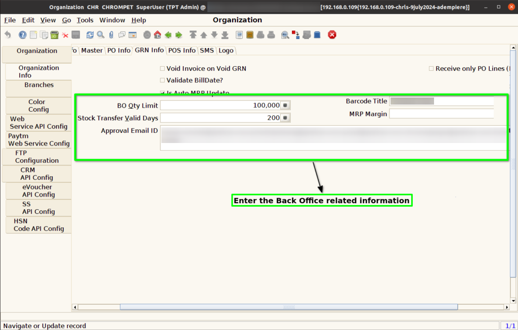How to do GRN Info Setup in Branch screen of ADempiere Retail TenthPlanet ADempiere Master GRNInfoSetup 3