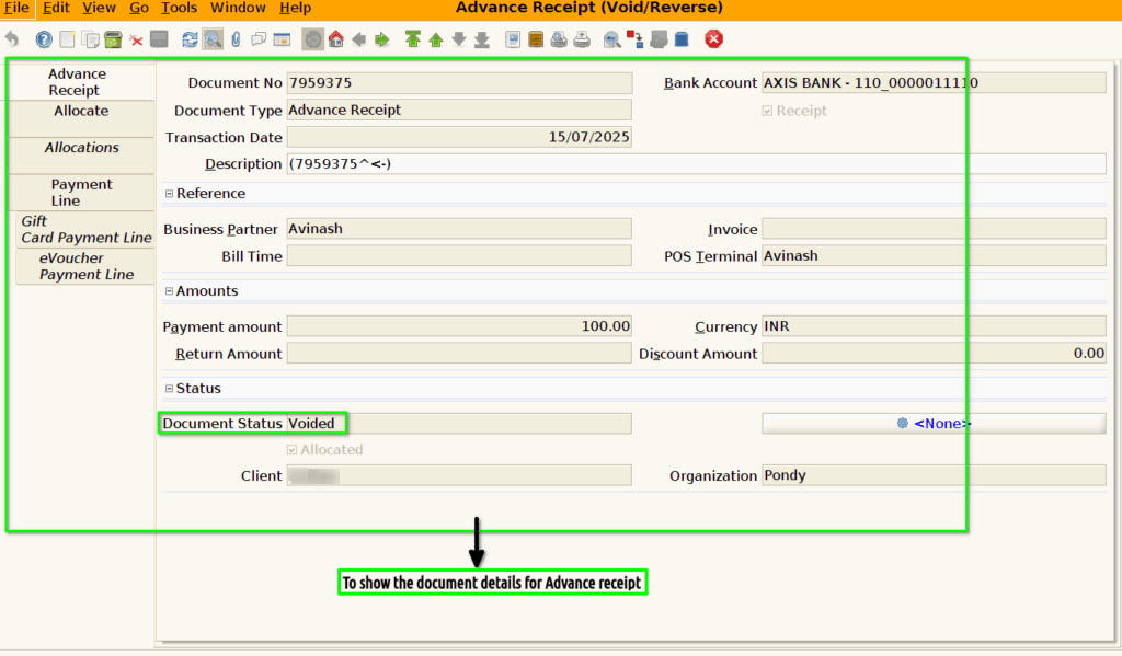 How to create reversal document for Advance Receipt in Adempiere Retail TenthPlanet-ADempiere-Advance-ReceiptV-R-1