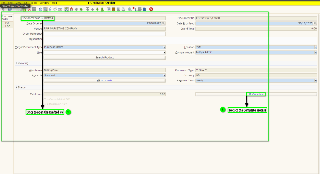 How to create Purchase Order (Void/Reverse) document in Adempiere Retail Tenthplanet-ADempiere-Purchase-Purchase Order Void&Reverse-3
