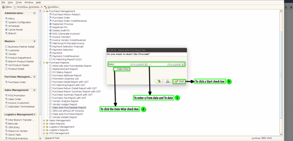 How to view Date Wise Purchase Tax Report-LS in Adempiere Retail TenthPlanet-ADempiere-Date Wise Purchase Tax Report-1
