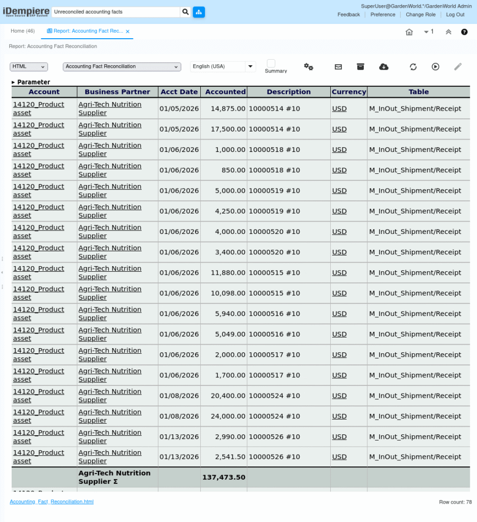 TenthPlanet iDempiere Purchase UnreconciledAccountingFacts 1 1