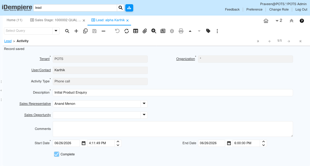 How to Create and Convert Leads in iDempiere TenthPlanet iDempiere Sales Lead2