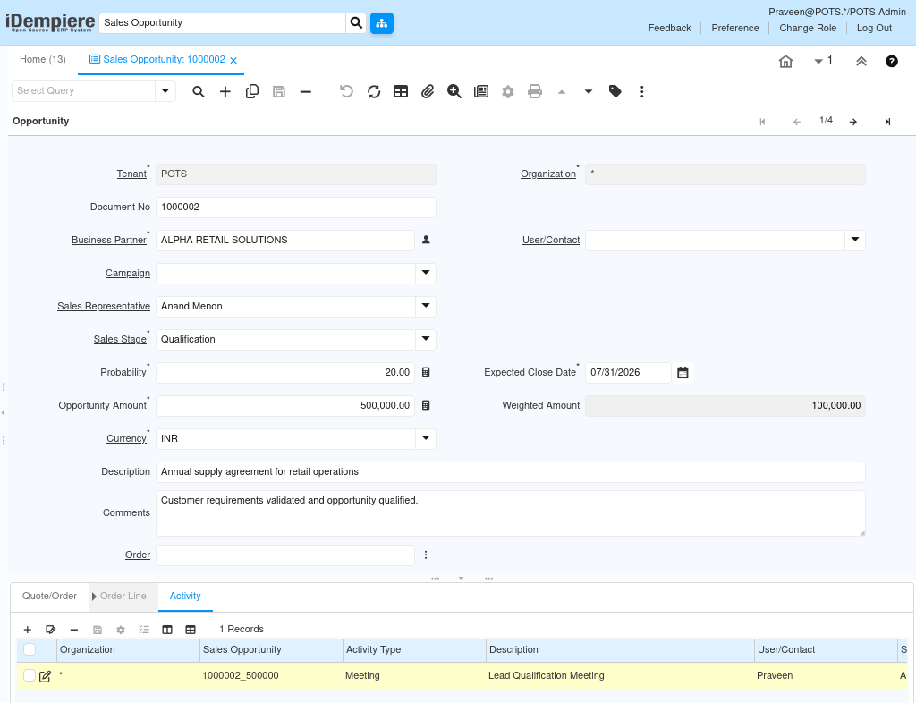 How to Create and Manage Sales Opportunities in iDempiere TenthPlanet iDempiere Sales SalesOpportunity1
