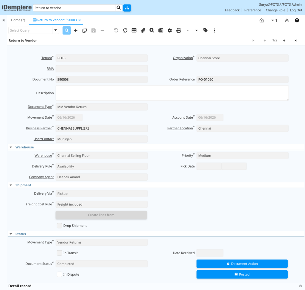 TenthPlanet-iDempiere-Transaction-ReturnToVendor-1