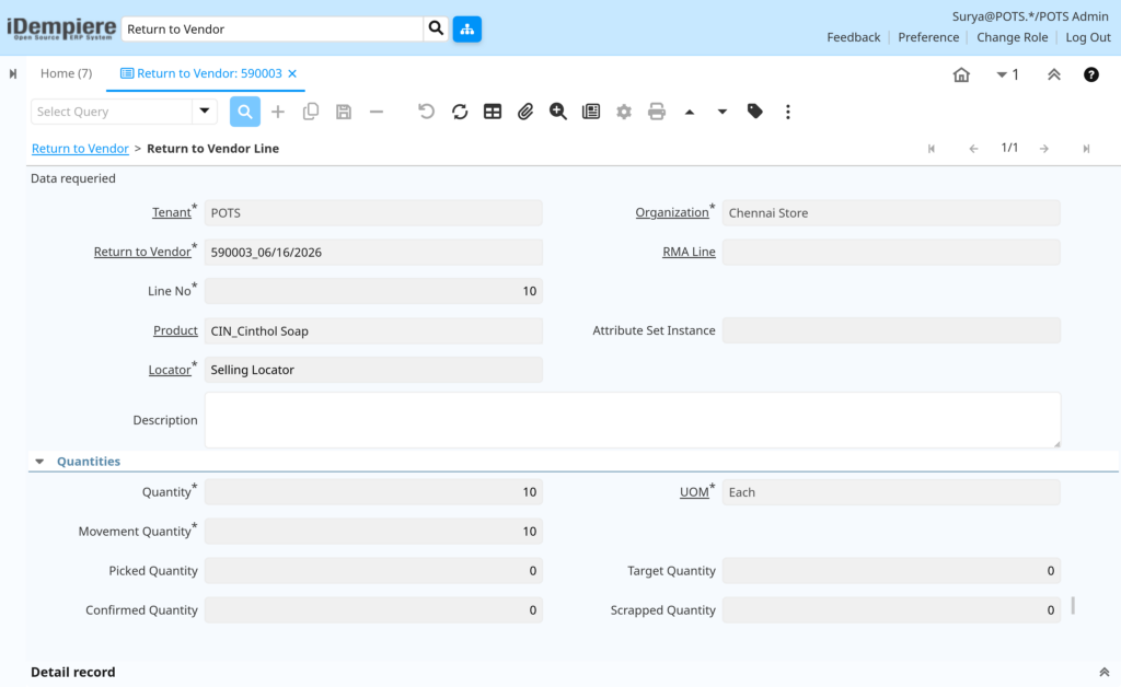 TenthPlanet-iDempiere-Transaction-ReturnToVendor-2