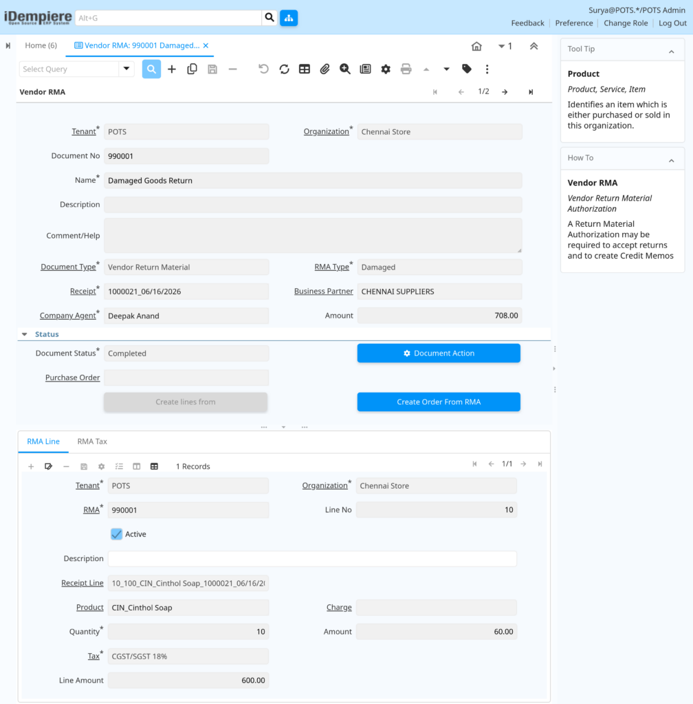 TenthPlanet-iDempiere-Transaction-ReturnToVendor-4