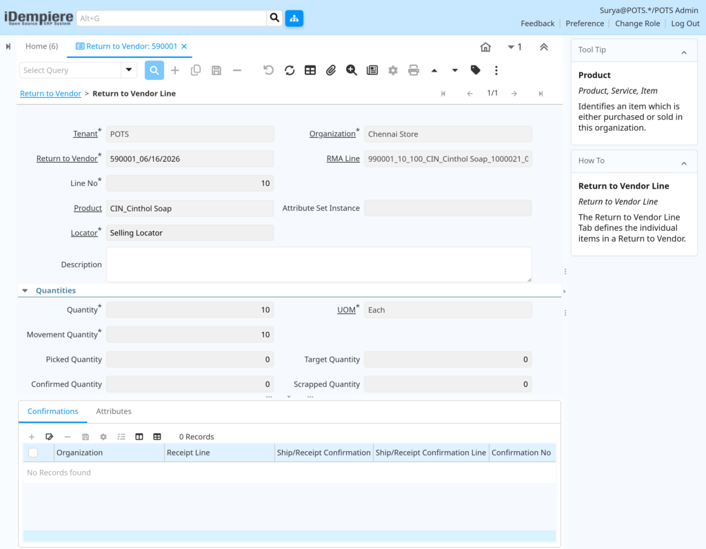 TenthPlanet-iDempiere-Transaction-ReturnToVendor-6
