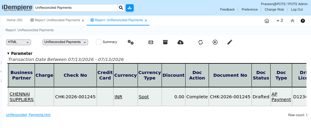 How does Unreconciled Payments Report in iDempiere TenthPlanet-iDempiere-Accounting-UnreconciledPayment-2