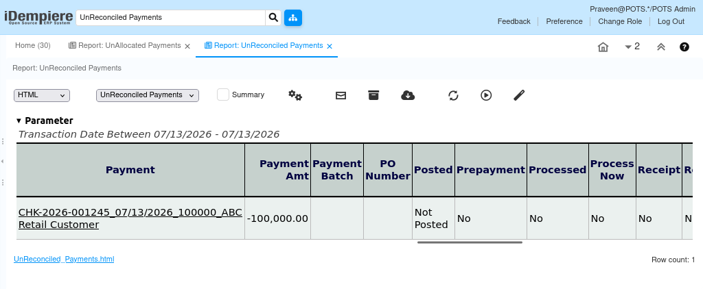 How does Unreconciled Payments Report in iDempiere TenthPlanet iDempiere Accounting UnreconciledPayment4