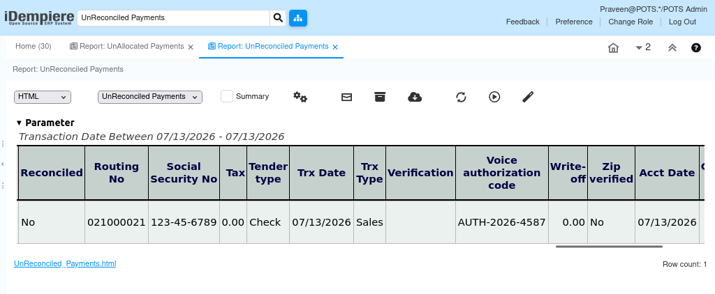 How does Unreconciled Payments Report in iDempiere TenthPlanet iDempiere Accounting UnreconciledPayment5