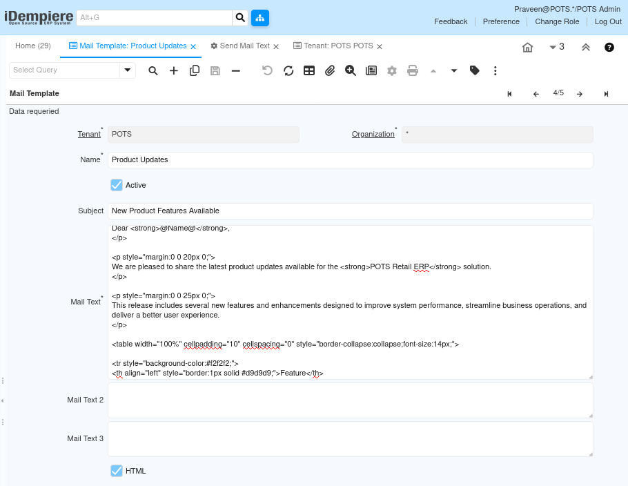 TenthPlanet iDempiere PartnerRelations MailTemplate