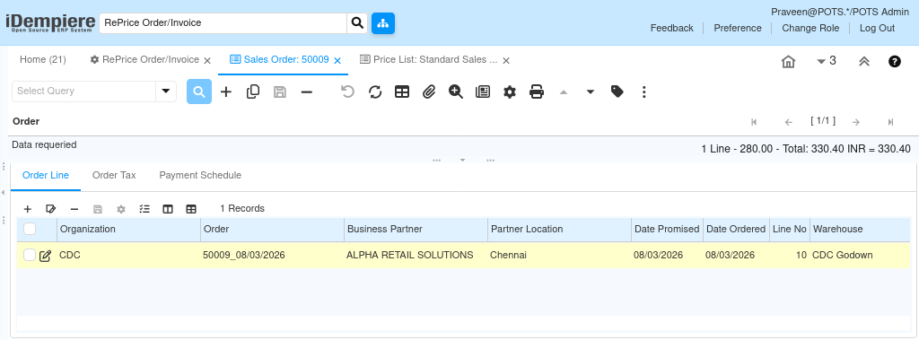How to RePrice a Sales Order or Invoice in iDempiere TenthPlanet iDempiere Sales RePriceOrderInvoice6