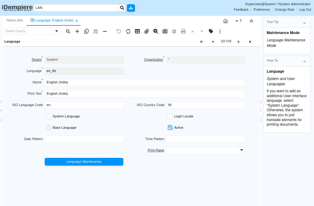 How does Work Language Window in iDempiere Tenthplanet Idempiere-System Rules-Languages
