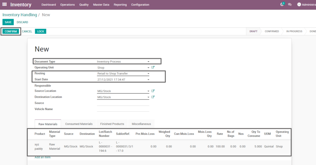 Ricetrading ERP Inventory Management create retail to shop transfer