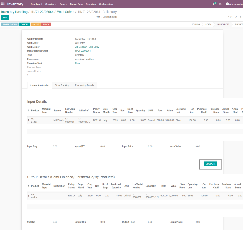 Ricetrading ERP Inventory Managementcompute raw paddy bulk entry