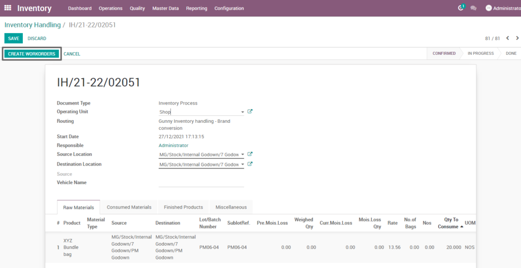 Ricetrading ERP Inventory Managementcreate workorder gunny inventory handling