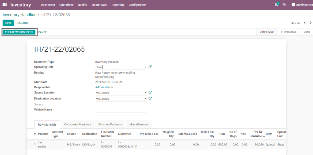 Ricetrading ERP Inventory Managementcreate workorder raw paddy manufacturing