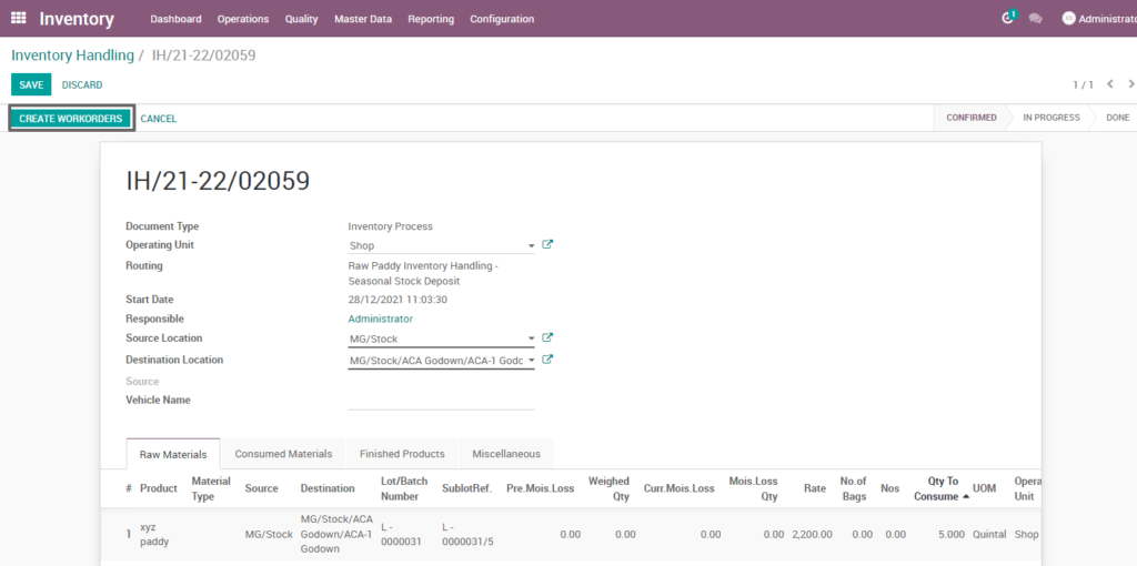 Ricetrading ERP Inventory Managementcreate workorder raw paddy seasonal stock release