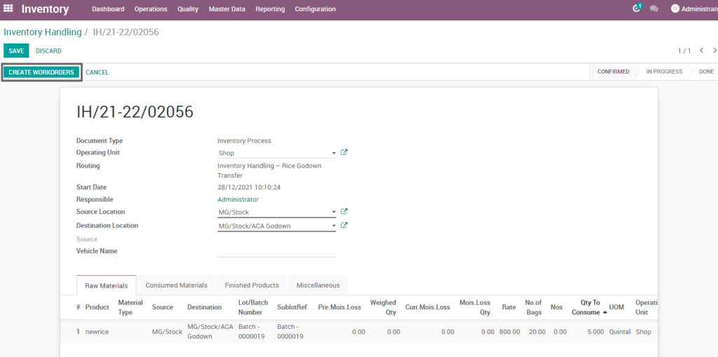 Ricetrading ERP Inventory Managementcreate workorder rice godown transfer