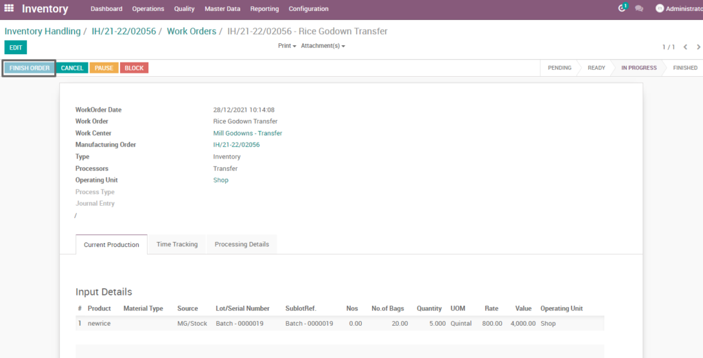 Ricetrading ERP Inventory Managementfinish order rice godown transfer