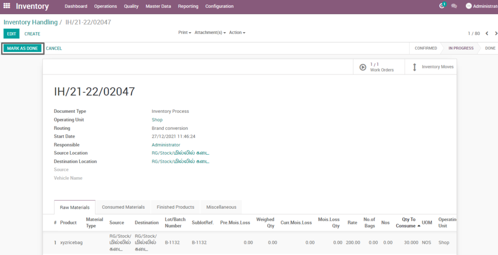 Ricetrading ERP Inventory Managementmark as done brand conversion