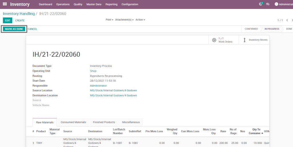 Ricetrading ERP Inventory Managementmark as done byproduct reprocessing