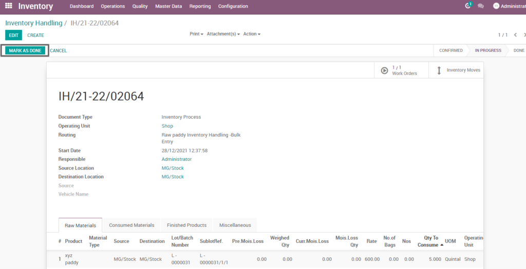 Ricetrading ERP Inventory Managementmark as done raw paddy bulk entry