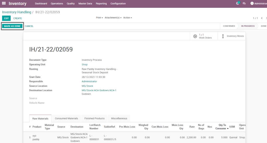 Ricetrading ERP Inventory Managementmark as done raw paddy seasonal stock release