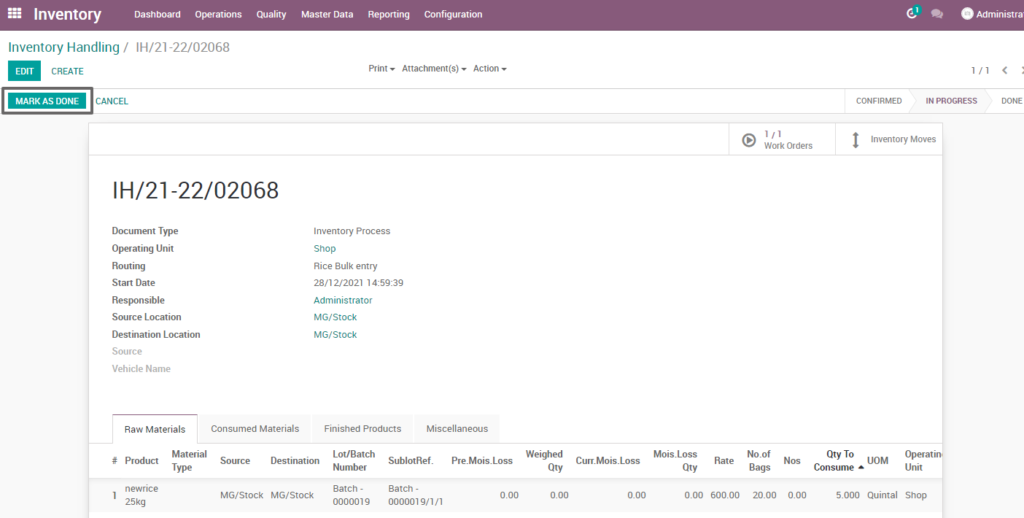 Ricetrading ERP Inventory Managementmark as done rice bulk entry