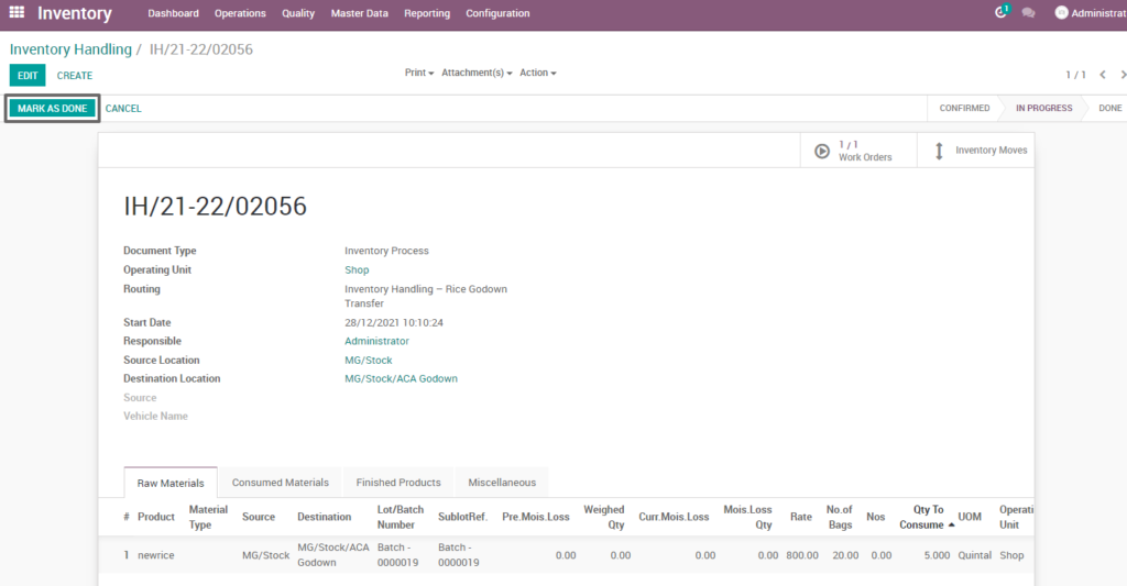 Ricetrading ERP Inventory Managementmark as done rice godown transfer