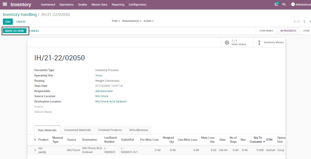 Ricetrading ERP Inventory Managementmark as done weight conversion