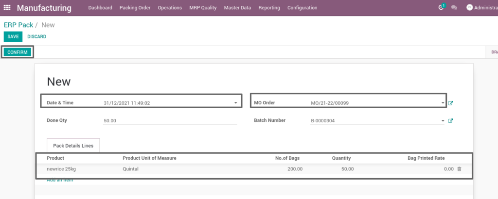 Ricetrading ERP Manufacturing Managementcreation of packing request