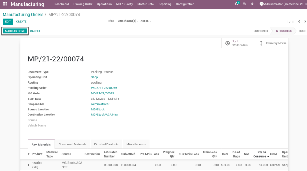 Ricetrading ERP Manufacturing Managementmark as done