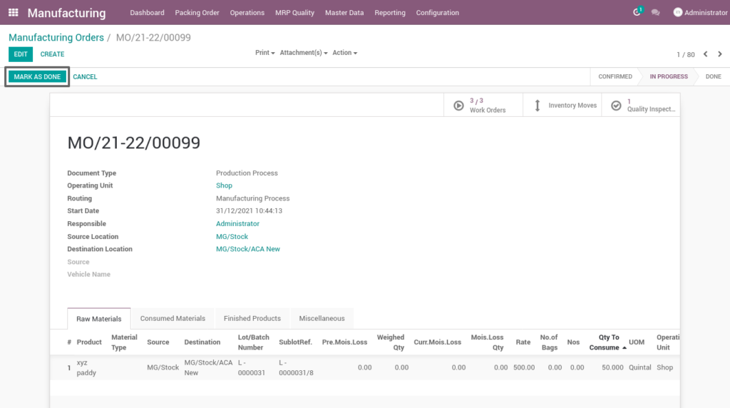 Ricetrading ERP Manufacturing Managementmark as done manufacturing process