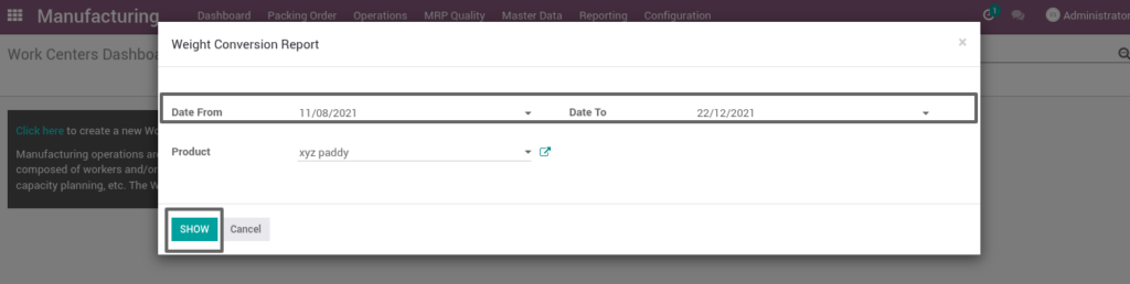 Ricetrading ERP Manufacturing Managementmgf weight conversion report