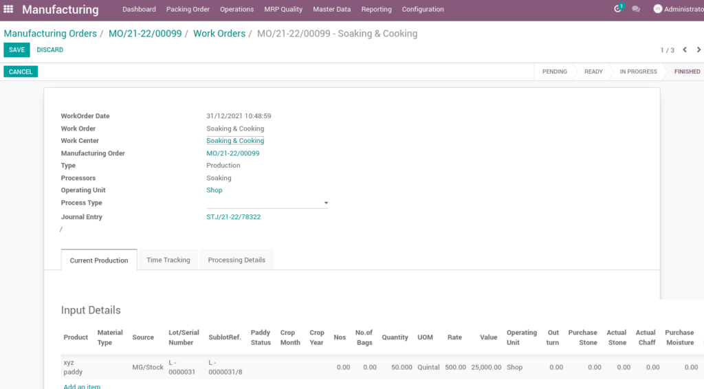 Ricetrading ERP Manufacturing Managementworkorder soaking and cooking